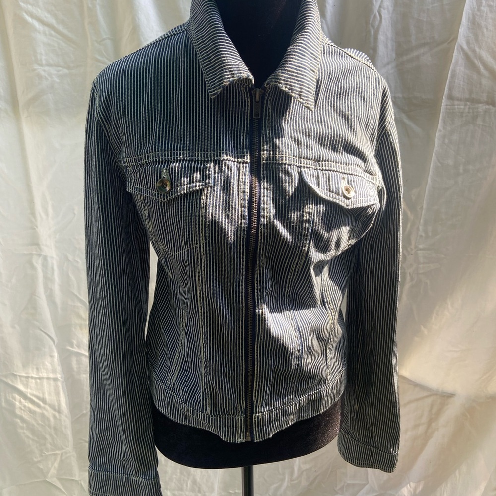 Norma Kamali Blue and White Striped Jean Jacket